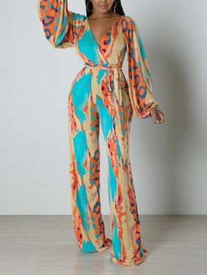 V Neck Colorblock Printed Waist Tie Jumpsuits