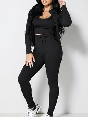 Plain Zipper Sweatshirt Tank Pants 3 Piece Sets