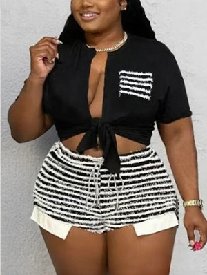 Colorblock Striped Lace-Up Cropped Short Sets