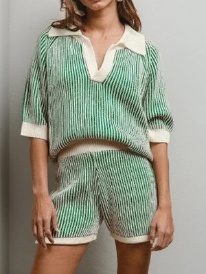 Striped V Neck Lapel Knitted Short Sets