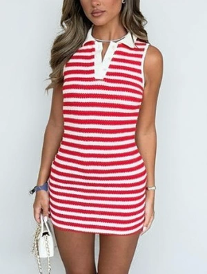 Casual Striped Lapel Sleeveless Mini Dress
