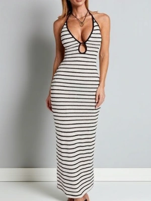 Striped Backless Tie-wrap Deep V Halter Long Dress