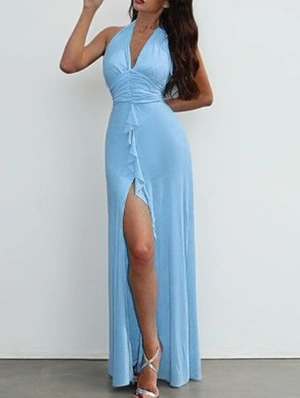 Solid Ruffles Split Backless V Neck Halter Maxi Dress