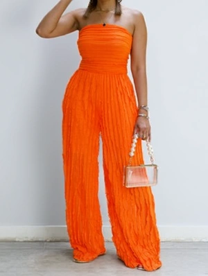 Rippled Edge Strapless Wide Leg Jumpsuits