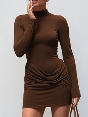 Solid Mock Neck Ruched Sheath Mini Dress
