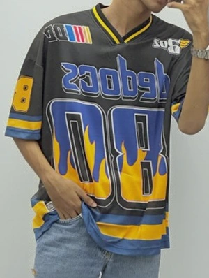 Number Flame Printed V Neck Jerseys Tee
