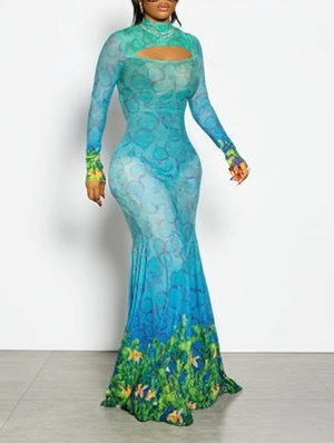 Colorblock Hollow-out Sheer Mermaid Maxi Dress
