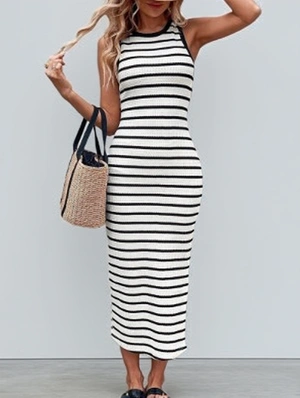 Striped Fitted Split Hem Sleeveless Maxi Dress