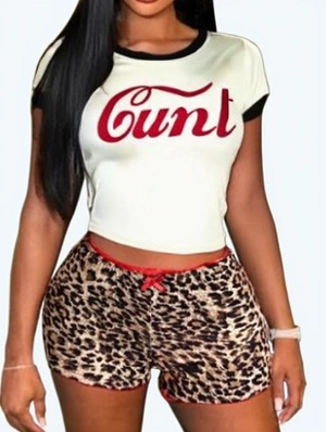 Letter Pattern Cropped Leopard Short Sets