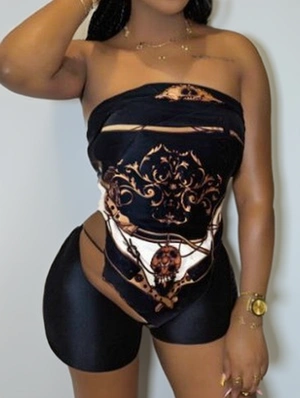 Abstract Vintage Lace-Up Scarf Tube Short Sets