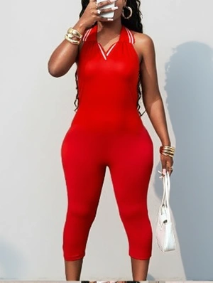 Halter Lapel Backless Striped Trim Jumpsuits