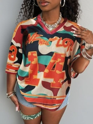 Camo Number Printed Mesh V Neck Loose Jerseys