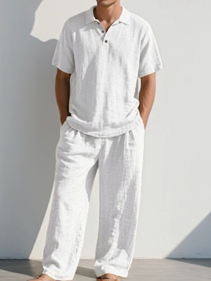 Casual Solid Linen Lapel Men Long Sets