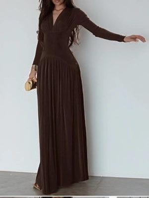 Ruched V Neck Long Sleeve Fitted Maxi Dress