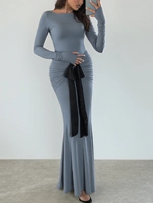 Ruched Long Sleeve Bow Ribbons Maxi Dress
