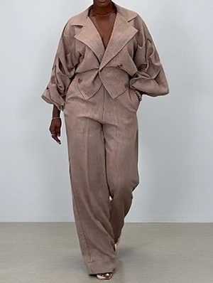 Irregular Ruched Notch Lapel Blazers Pant Sets