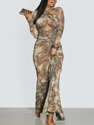 Snake Print Hollow-out Ruched Maxi Dress