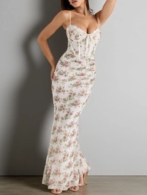 Disty Floral Sleeveless Lace Detail Maxi Dress