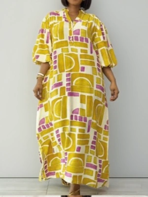 Geometric Loose V Neck Lantern Sleeve Maxi Dress