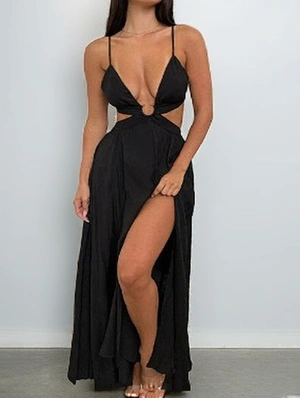 Solid Hollow-out V Neck Split Backless Sleeveless Maxi Dress