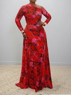 Inclined Shoulder Floral Printed Swing Maxi Dress
