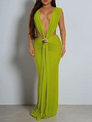 Ruched Deep V Neck Sleeveless Ribbons Maxi Dress