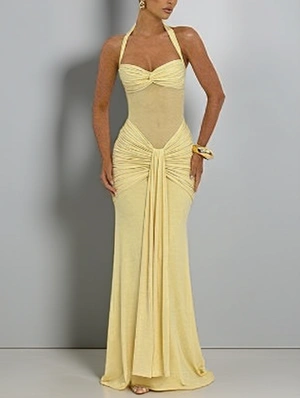 Ruched Knot Halter Backless Ribbons Maxi Dress