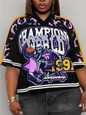 Colorblock Skull Printed V Neck Mesh Jerseys