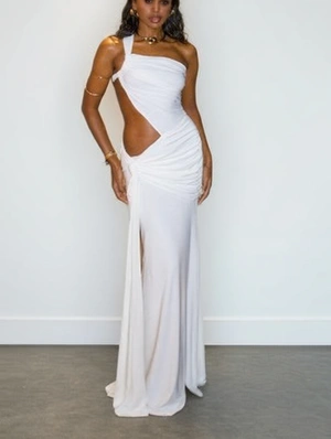 Elegant Hollow-out Ribbon One-shoulder Sleeveless Maxi Dress