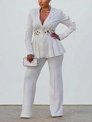 Eyelets Lapel Tie-wrap Blazers Pant Sets