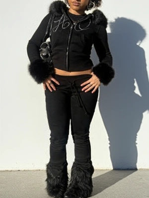 Rhinestones Fur Trim Zipper Hooded Pant Sets