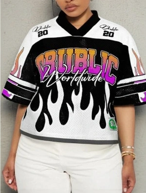 Flame Letter Printed V Neck Mesh Jerseys