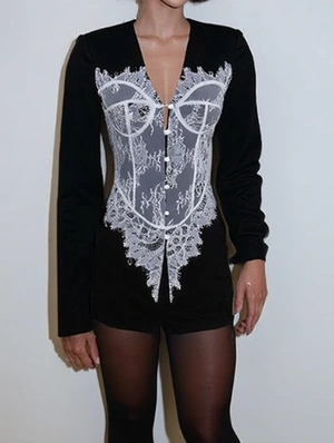 Color Matching Lace Panel V Neck Blazers