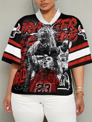 Colorblock Printed Mesh V Neck Loose Jersey