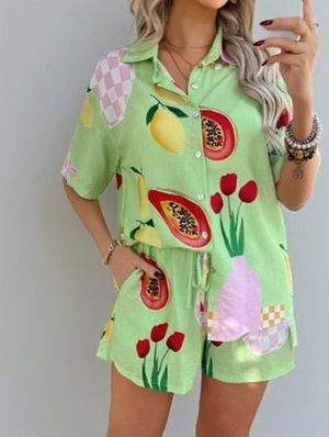 Colorblock Elbow Sleeve Loose Shirt Short Sets