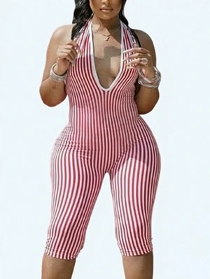 Striped Halter V Neck Backless Lace Up Rompers