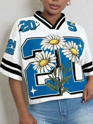 Floral Number Striped Trim Mesh V Neck Jerseys
