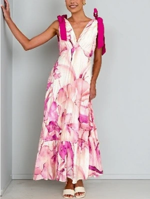 Floral Lace-Up V Neck Sleeveless Maxi Dress