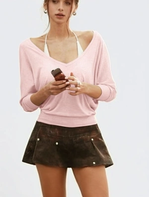Plain Sheer V Neck Long Sleeve Tops