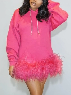 Feather Kangaroo Pocket Hooded Mini Dress