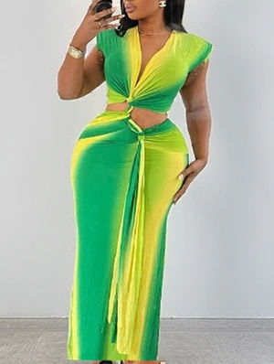Colorblock Hollow-out V Neck Sleeveless Maxi Dress