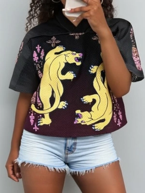 Panther Printed Mesh V Neck Loose Jerseys