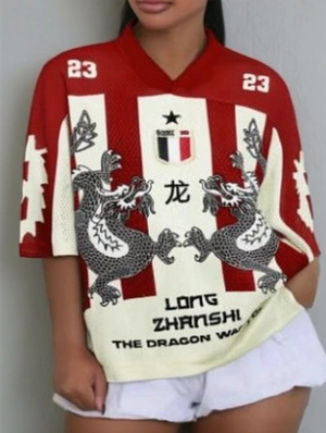 Dragon Striped Print Loose Mesh V Neck Jerseys