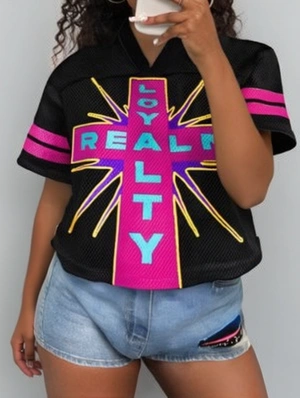 Colorblock Letter Cross Printed V Neck Jerseys