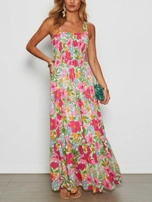 Floral Leaf Smocked Backless Lace-Up Maxi Dress