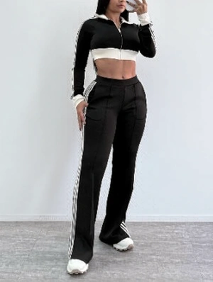 Lapel Zipper Cropped Striped Trim Pant Sets