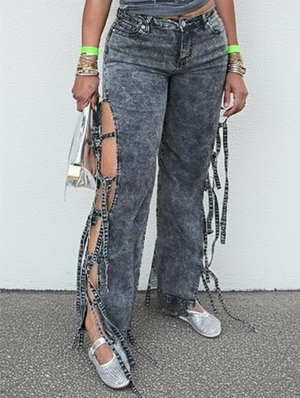 Washed Denim Split Hem Tie-wrap Jeans