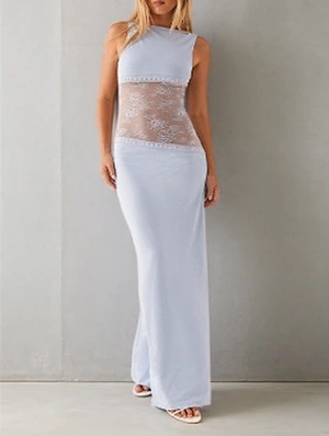 Satin Lace Panel Backless Sheer Maxi Dress