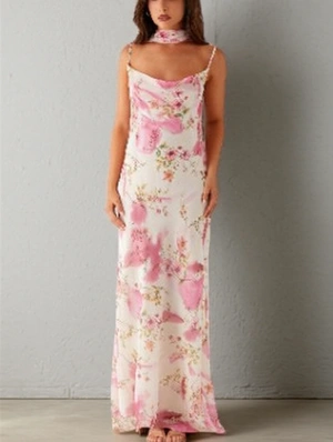 Floral Backless Lace-Up Ribbons Maxi Dress