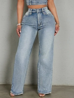 Distressed Rhinestones Denim Straight Jeans